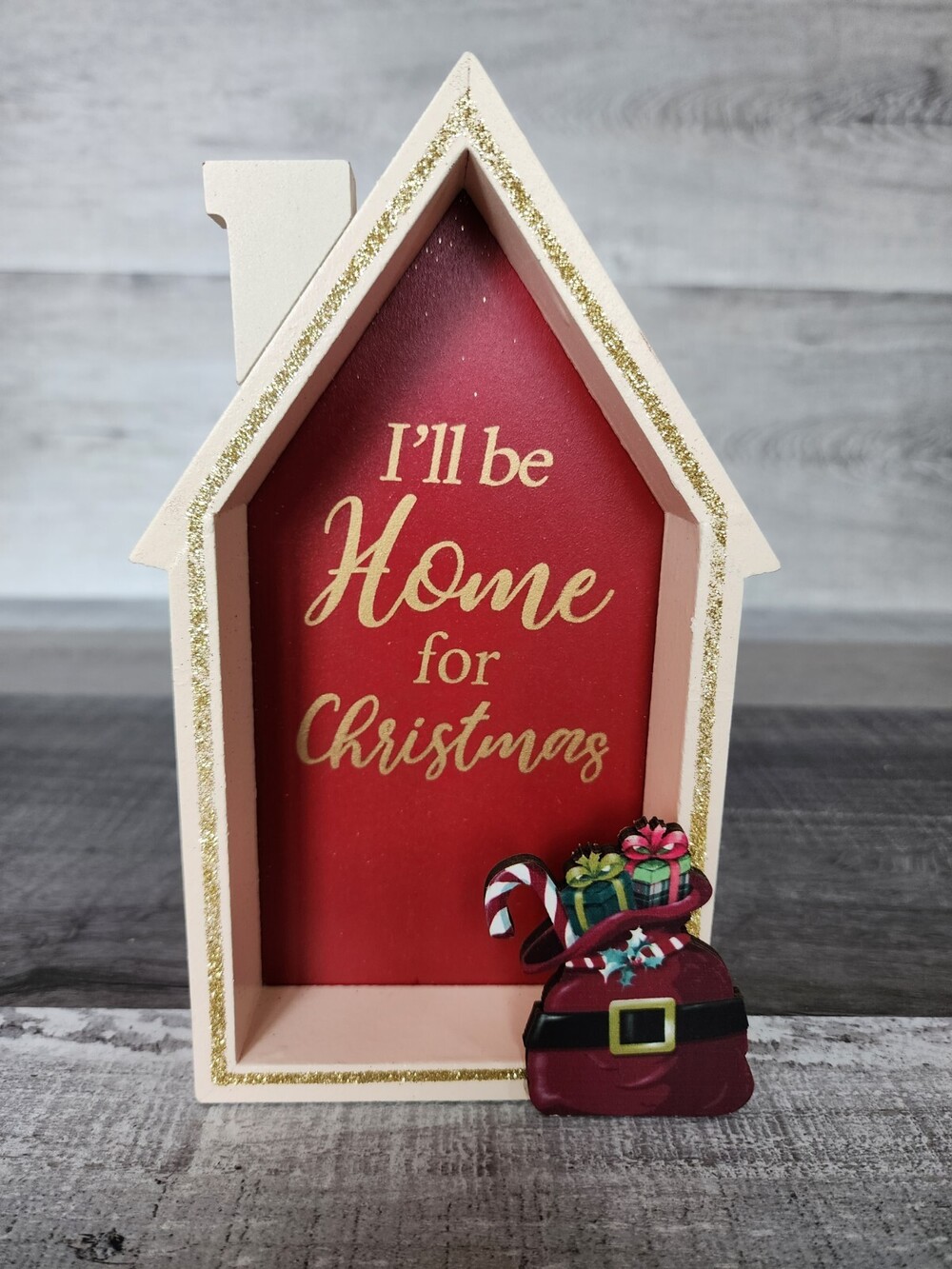 New Wooden House w Presents Shelf Sitter Tabletop Christmas 8" Ashland